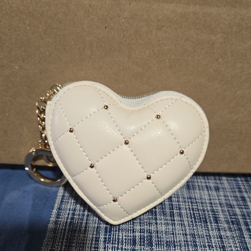 Victoria's Secret Cream Quilted Heart Coin Pouch with Gold Studs